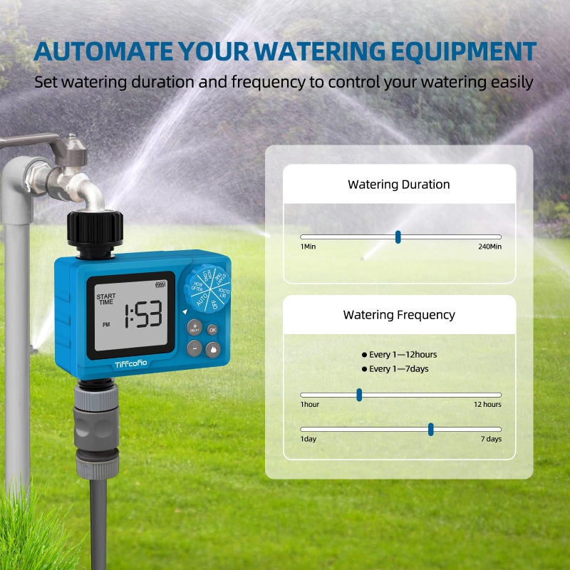TiFFCOFiO Sprinkler Timer Outdoor, Digital Pogrammable for Garden Hose, Irrigrtion Timer with Rain Delay and Manual Mode (1 Pack) - Image 3