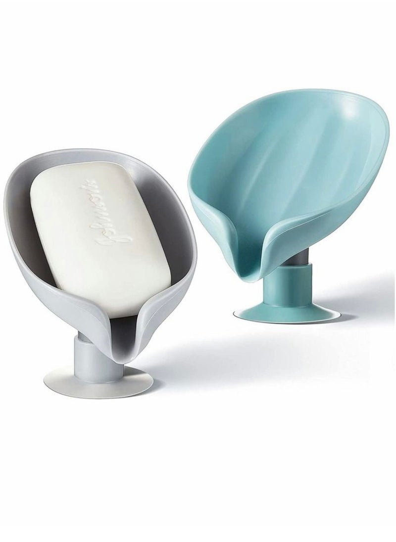 QiaoKai Leaf Shaped Stylish Soap Box/Holder Soap Holder with Suction Cup For for Bathroom, Kitchen Sink(Pack of 2,, Grey and Green)  - Image 1
