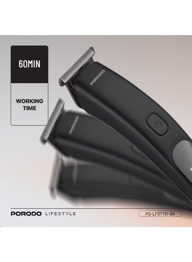 porodo T-Blade Compact Trimmer with Stainless Steel Blade, 600mAh Battery, 1 Hour Working Time, Type-C Charging, 2 Hours Charging Time - Black - Image 4