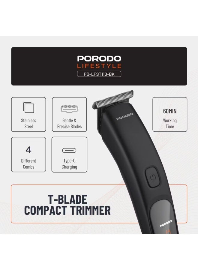 porodo T-Blade Compact Trimmer with Stainless Steel Blade, 600mAh Battery, 1 Hour Working Time, Type-C Charging, 2 Hours Charging Time - Black - Image 5