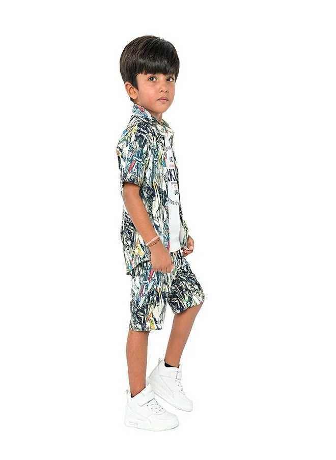 babyqlo Nature explorer three-piece set for boys - tropical shirt, t-shirt, shorts