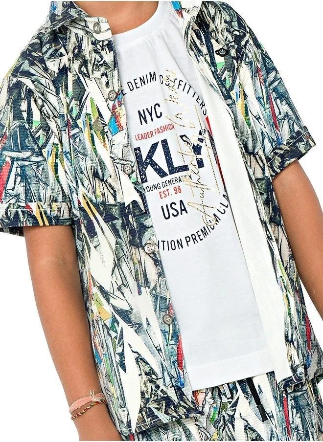 babyqlo Nature explorer three-piece set for boys - tropical shirt, t-shirt, shorts