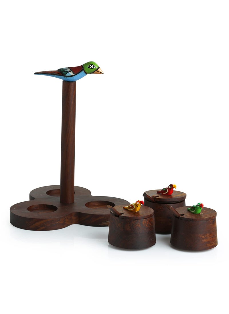 ExclusiveLane - ExclusiveLane 'Chirping Birds' Jar Set With Tray & Spoons In Sheesham Wood | Spice Box Chutney Pickle Jars Refreshment Jars & Containers Spice Jar Rack With Lid Sauf Serving Mukhwas Jar Condiment Set - Image 1