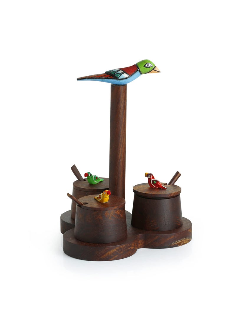 ExclusiveLane - ExclusiveLane 'Chirping Birds' Jar Set With Tray & Spoons In Sheesham Wood | Spice Box Chutney Pickle Jars Refreshment Jars & Containers Spice Jar Rack With Lid Sauf Serving Mukhwas Jar Condiment Set - Image 1