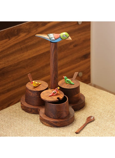 ExclusiveLane 'Chirping Birds' Jar Set With Tray & Spoons In Sheesham Wood | Spice Box Chutney Pickle Jars Refreshment Jars & Containers Spice Jar Rack With Lid Sauf Serving Mukhwas Jar Condiment Set