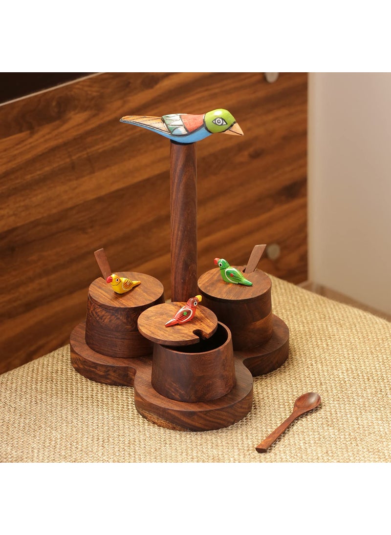 ExclusiveLane - ExclusiveLane 'Chirping Birds' Jar Set With Tray & Spoons In Sheesham Wood | Spice Box Chutney Pickle Jars Refreshment Jars & Containers Spice Jar Rack With Lid Sauf Serving Mukhwas Jar Condiment Set - Image 1