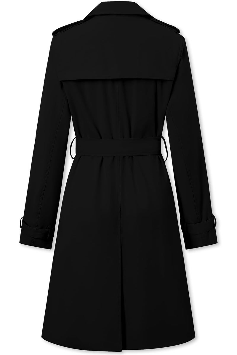 Betusline Women's Long Trench Coat Waterproof Double-Breasted Classic Windbreaker Lapel Dress Outerwear with Belt, Black, X-Small - Image 4