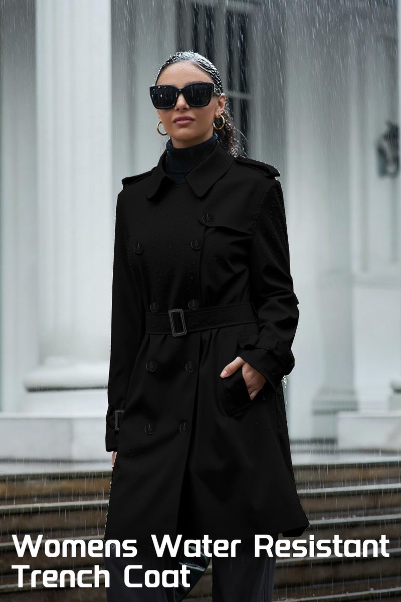 Betusline Women's Long Trench Coat Waterproof Double-Breasted Classic Windbreaker Lapel Dress Outerwear with Belt, Black, X-Small - Image 5