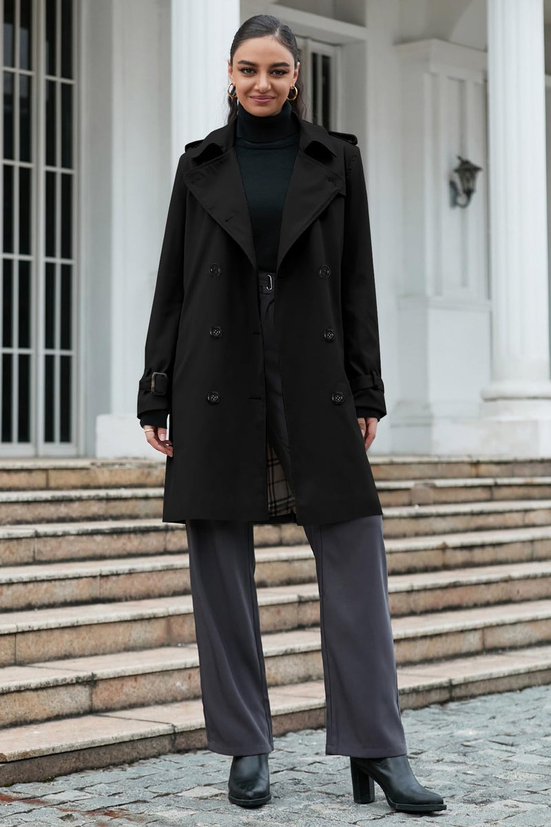 Betusline Women's Long Trench Coat Waterproof Double-Breasted Classic Windbreaker Lapel Dress Outerwear with Belt, Black, X-Small - Image 2