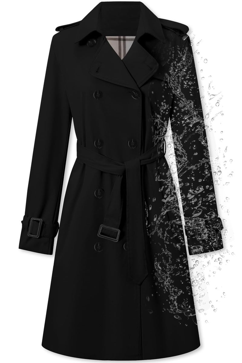 Betusline Women's Long Trench Coat Waterproof Double-Breasted Classic Windbreaker Lapel Dress Outerwear with Belt, Black, X-Small - Image 1
