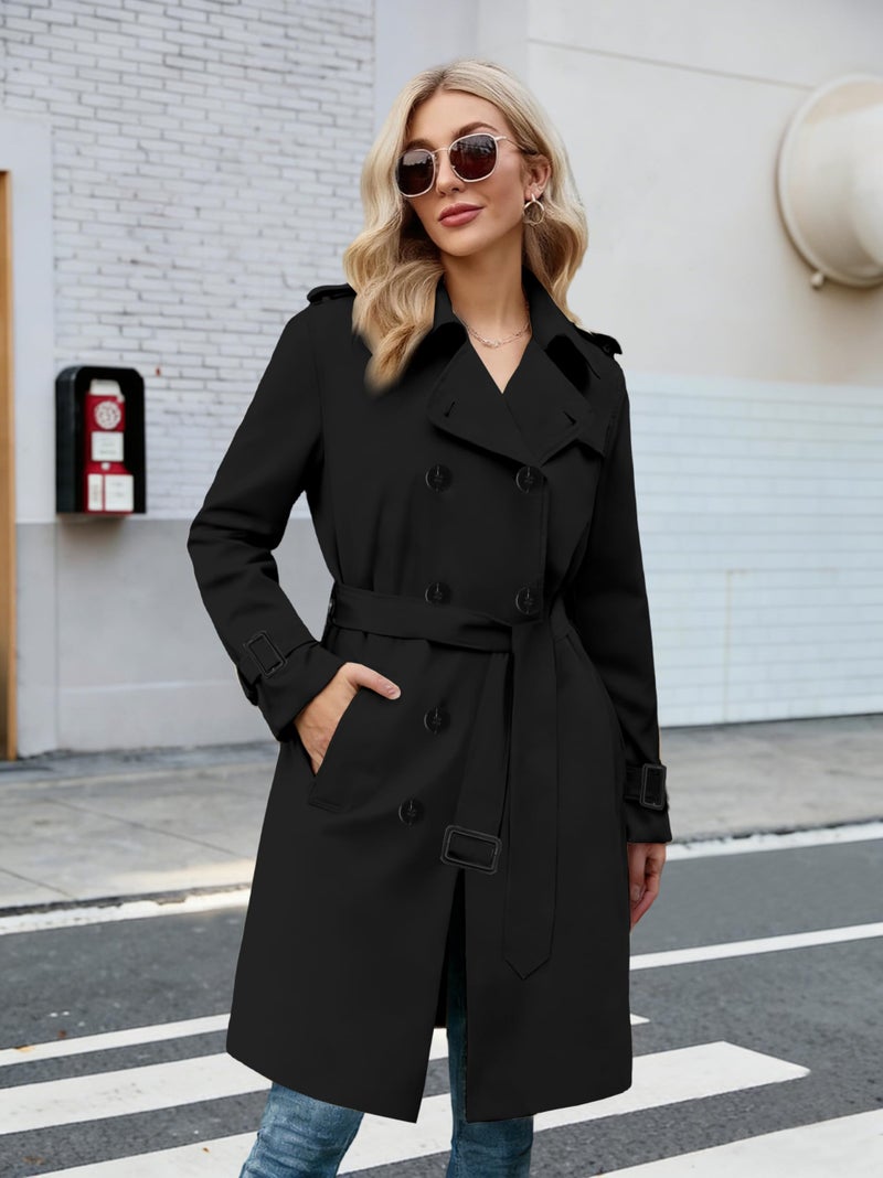 Betusline Women's Long Trench Coat Waterproof Double-Breasted Classic Windbreaker Lapel Dress Outerwear with Belt, Black, X-Small - Image 3
