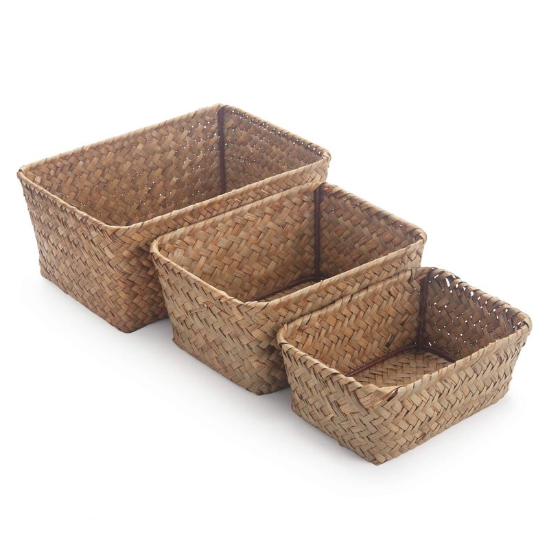 DOKOT Small Woven Wicker Open Storage, Rectangular Handmade Seagrass Baskets for Home, Bathroom Organizationï¼ˆSet of 3ï¼‰ - Image 1
