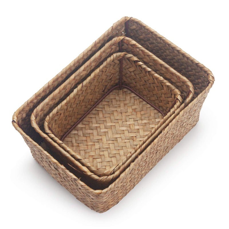 DOKOT Small Woven Wicker Open Storage, Rectangular Handmade Seagrass Baskets for Home, Bathroom Organizationï¼ˆSet of 3ï¼‰ - Image 2