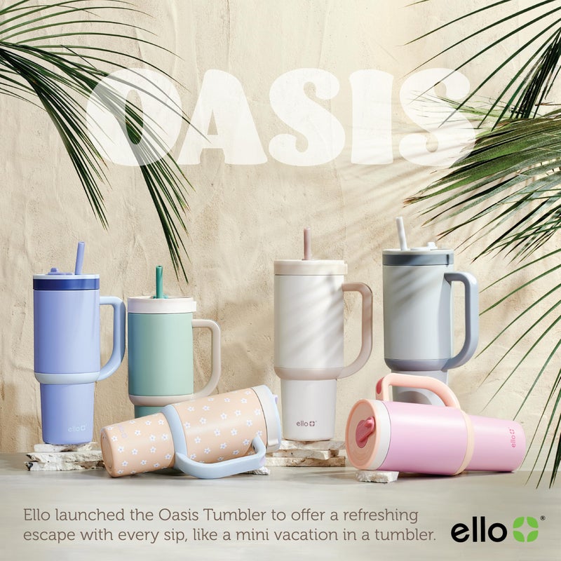 Ello Oasis 40 oz Tumbler with Handle & Retracting Straw | Reusable Insulated Stainless Steel Cup 100% Leakproof  Gifts for Teens Women Men | Keeps cold for 20 Hours  Cup Holder Friendly  Grayscale