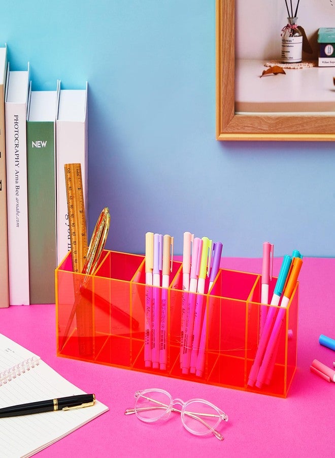 Jetec Acrylic Pencil Holder 6 Compartments Pen Holder Stationery Organizer Makeup Storage Box for Desk Accessories, Cosmetic Brushes, Office, Dorm, Bathroom, Kitchen Supplies (Neon Pink) - Image 4