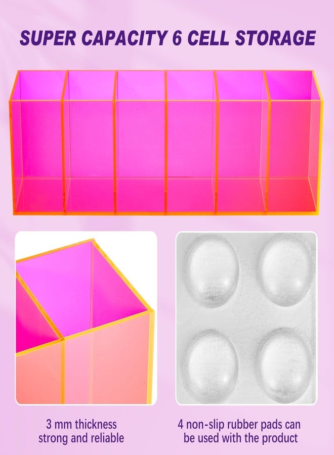 Jetec Acrylic Pencil Holder 6 Compartments Pen Holder Stationery Organizer Makeup Storage Box for Desk Accessories, Cosmetic Brushes, Office, Dorm, Bathroom, Kitchen Supplies (Neon Pink) - Image 3