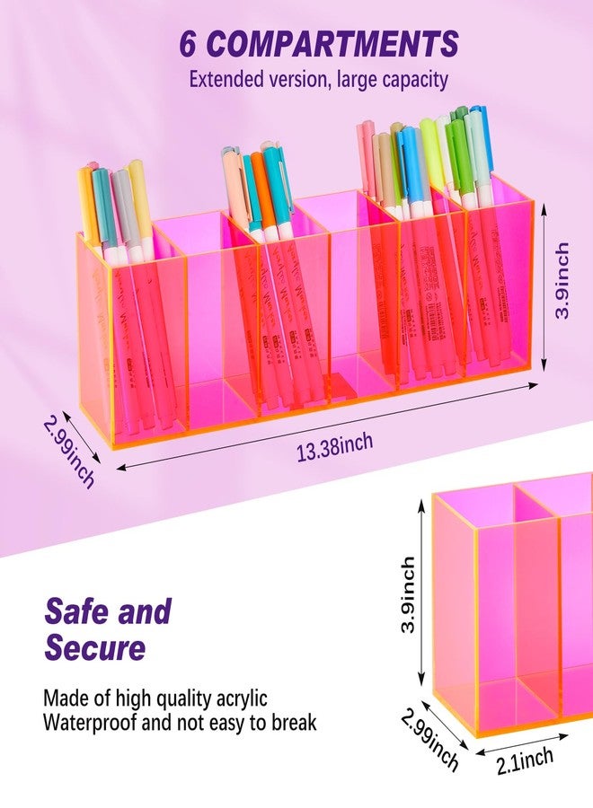Jetec Acrylic Pencil Holder 6 Compartments Pen Holder Stationery Organizer Makeup Storage Box for Desk Accessories, Cosmetic Brushes, Office, Dorm, Bathroom, Kitchen Supplies (Neon Pink) - Image 2