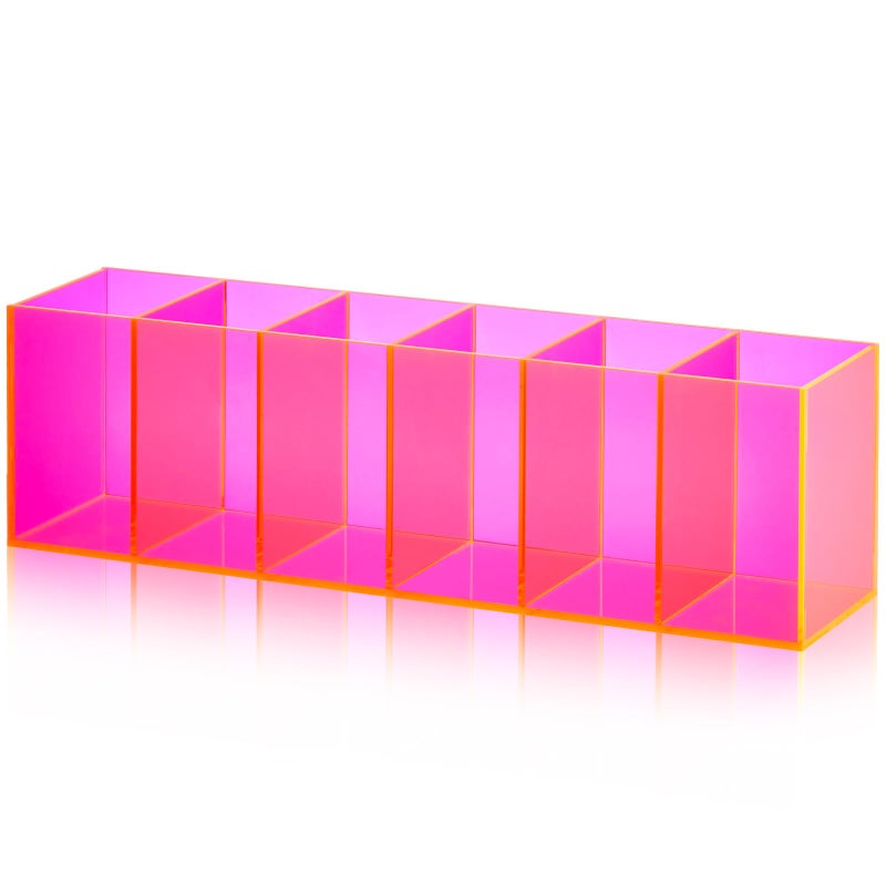 Jetec Acrylic Pencil Holder 6 Compartments Pen Holder Stationery Organizer Makeup Storage Box for Desk Accessories, Cosmetic Brushes, Office, Dorm, Bathroom, Kitchen Supplies (Neon Pink) - Image 1