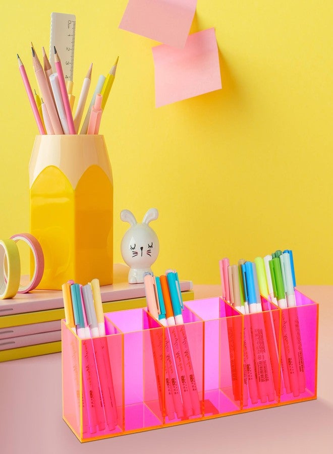 Jetec Acrylic Pencil Holder 6 Compartments Pen Holder Stationery Organizer Makeup Storage Box for Desk Accessories, Cosmetic Brushes, Office, Dorm, Bathroom, Kitchen Supplies (Neon Pink) - Image 5