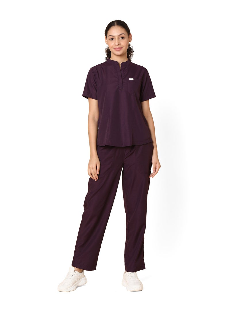 KNYA بدلة طبية نسائية كلاسيكية من KNYA بخمسة جيوب وياقة صينية | قصة عادية | أكمام قصيرة | للأطباء | (مقاس L، لون خمري) - Image 1