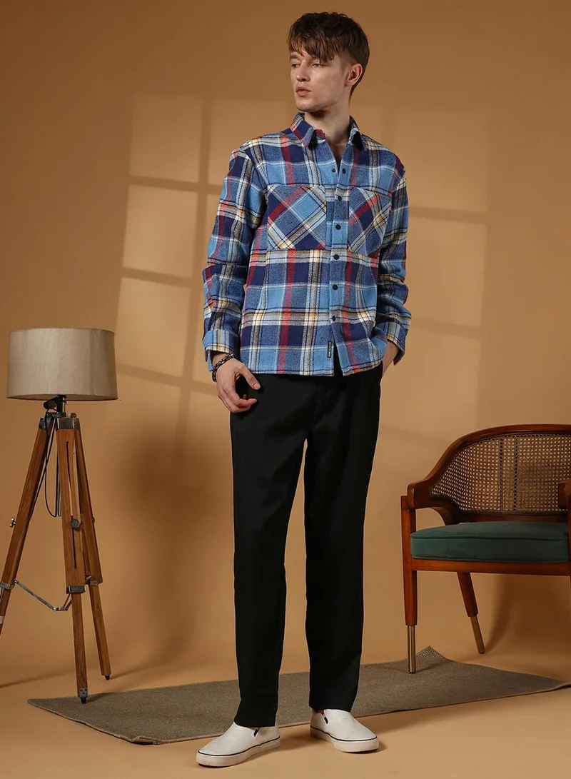 Campus Sutra Campus Sutra Men's Azure Blue Tartan Plaid Utility Overshirt For Casual Wear | Spread Collar | Long Sleeve | Button Closure | Overshirt/Shacket Crafted With Comfort Fit For Everyday Wear