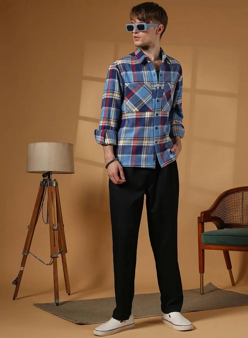 Campus Sutra Campus Sutra Men's Azure Blue Tartan Plaid Utility Overshirt For Casual Wear | Spread Collar | Long Sleeve | Button Closure | Overshirt/Shacket Crafted With Comfort Fit For Everyday Wear