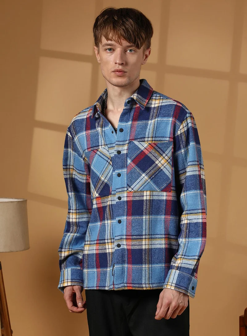 Campus Sutra Campus Sutra Men's Azure Blue Tartan Plaid Utility Overshirt For Casual Wear | Spread Collar | Long Sleeve | Button Closure | Overshirt/Shacket Crafted With Comfort Fit For Everyday Wear