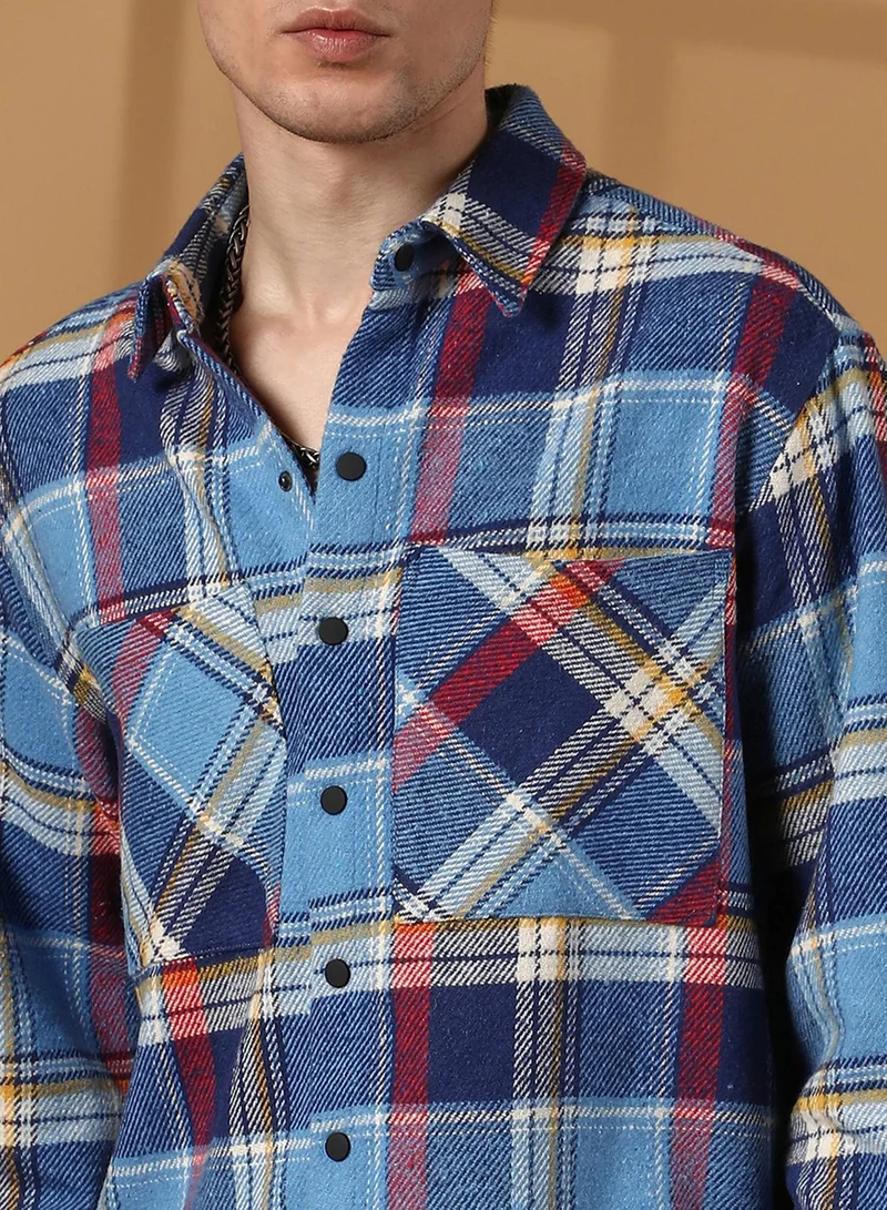 Campus Sutra Campus Sutra Men's Azure Blue Tartan Plaid Utility Overshirt For Casual Wear | Spread Collar | Long Sleeve | Button Closure | Overshirt/Shacket Crafted With Comfort Fit For Everyday Wear