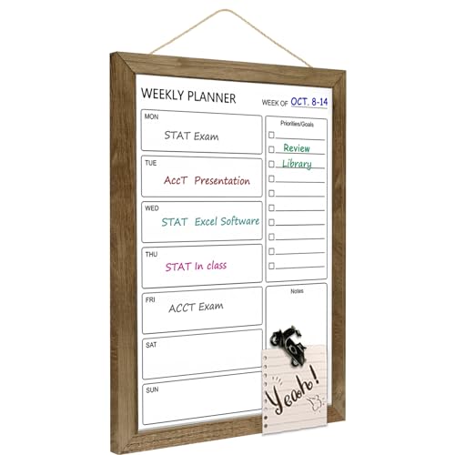 TORASO Dry Erase White Board Weekly Calendar Board, Magnetic Whiteboard for Wall,10.6“x14.7 Solid Wood Rustic Brown Framed Message Board, Planner Board for Office, Home, Schooll(Weekly-BB-RB-2737) - Image 1