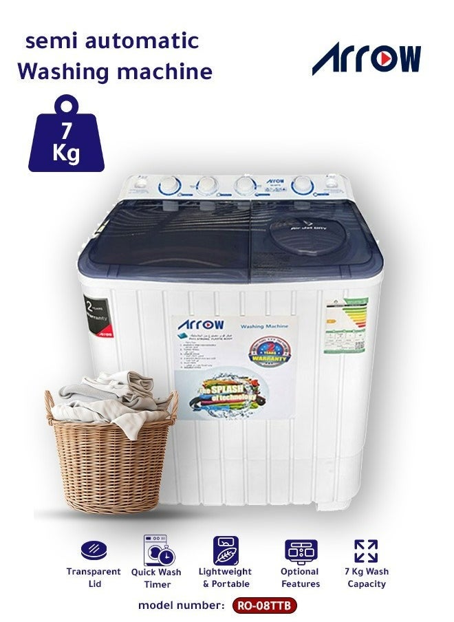 Arrow 7KG Twin Tub Semi-Automatic Washing Machine, 400 Watt, 7 KG Wash Capacity, 5.5 KG Spin Capacity, Light Grey Color, 15 Wash Timer, 5 Spin Timer | Model Name: RO-08TTB  - Image 1