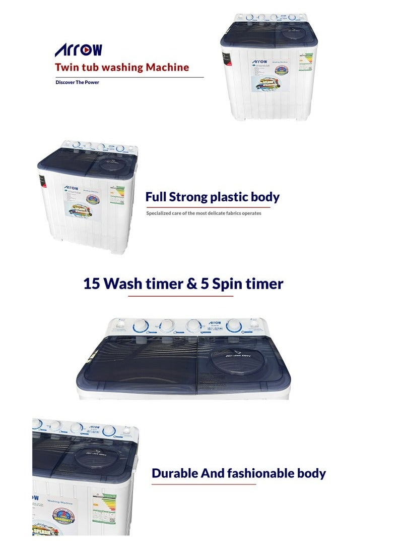 Arrow 7KG Twin Tub Semi-Automatic Washing Machine, 400 Watt, 7 KG Wash Capacity, 5.5 KG Spin Capacity, Light Grey Color, 15 Wash Timer, 5 Spin Timer | Model Name: RO-08TTB - Image 4