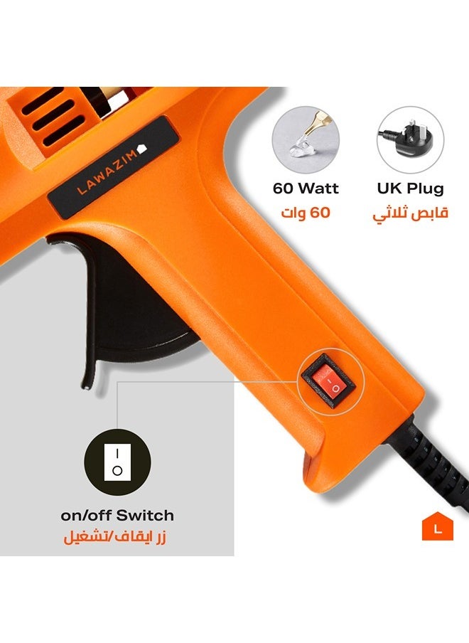 LAWAZIM - Heavy Duty Professional Glue Gun with LED on/off Switch - 60W - Orange - Hot Glue Gun Melting Adhesive Glue Gun for Arts and Crafts Projects Repairs Scrapbooking Home improvement Fast Heating - Image 1