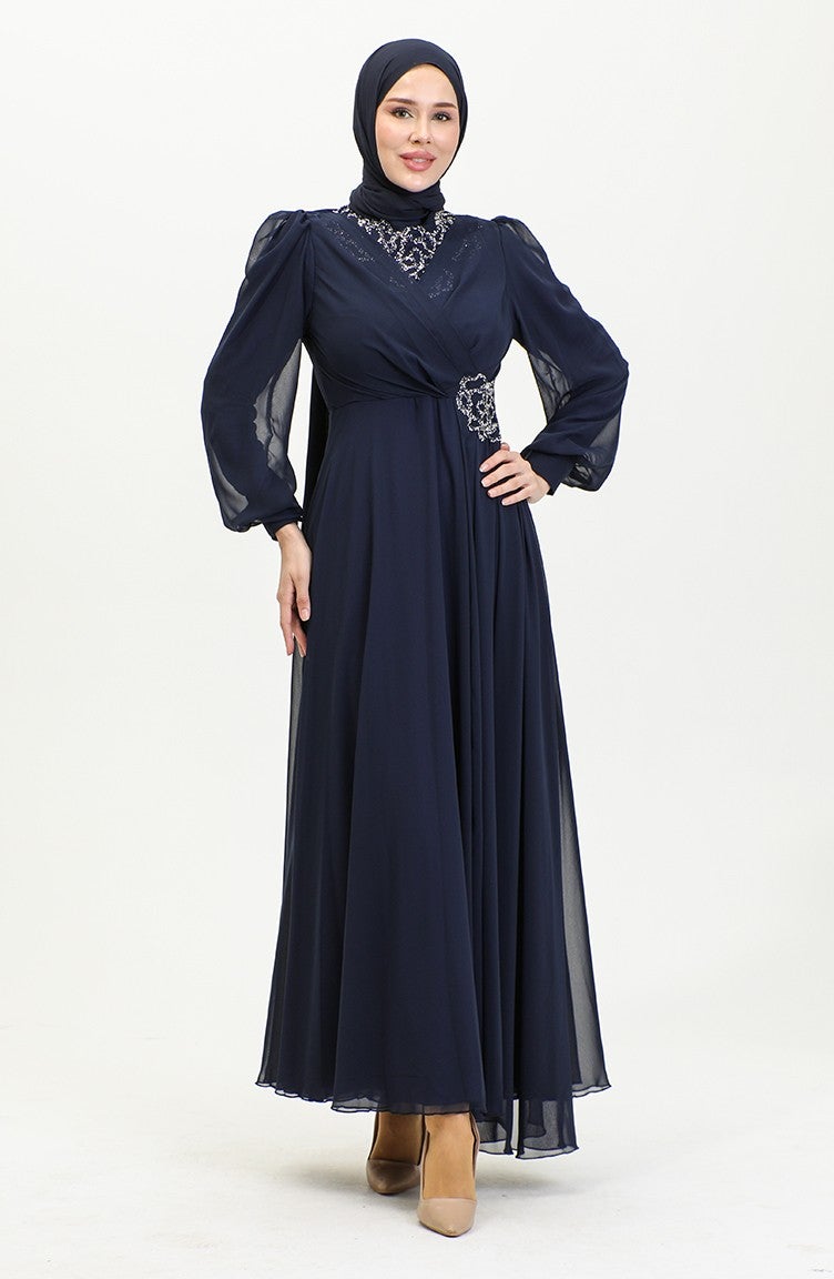 Sefa Merve Stone Printed Evening Dress 52882-01 Navy Blue  - Image 3