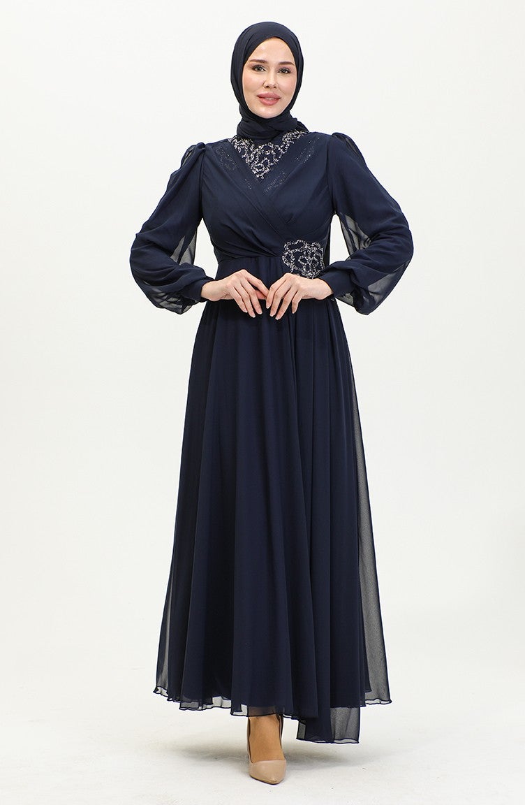 Sefa Merve Stone Printed Evening Dress 52882-01 Navy Blue  - Image 2
