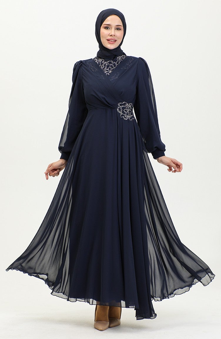 Sefa Merve Stone Printed Evening Dress 52882-01 Navy Blue  - Image 1