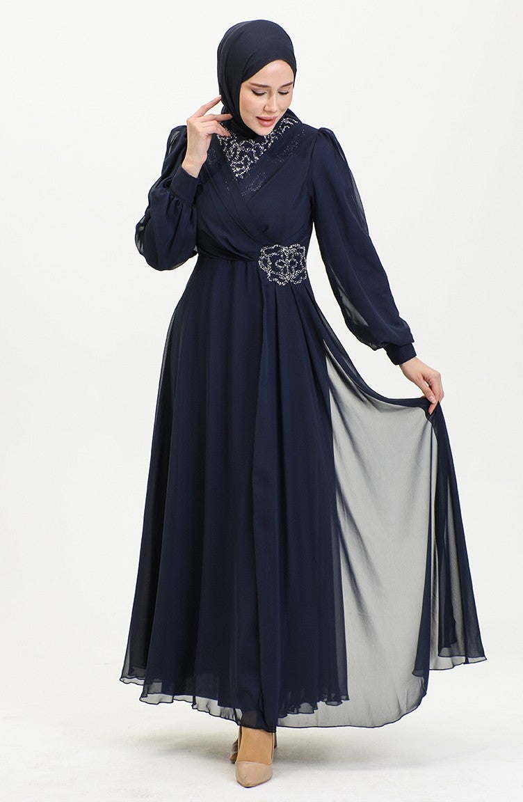 Sefa Merve Stone Printed Evening Dress 52882-01 Navy Blue  - Image 4