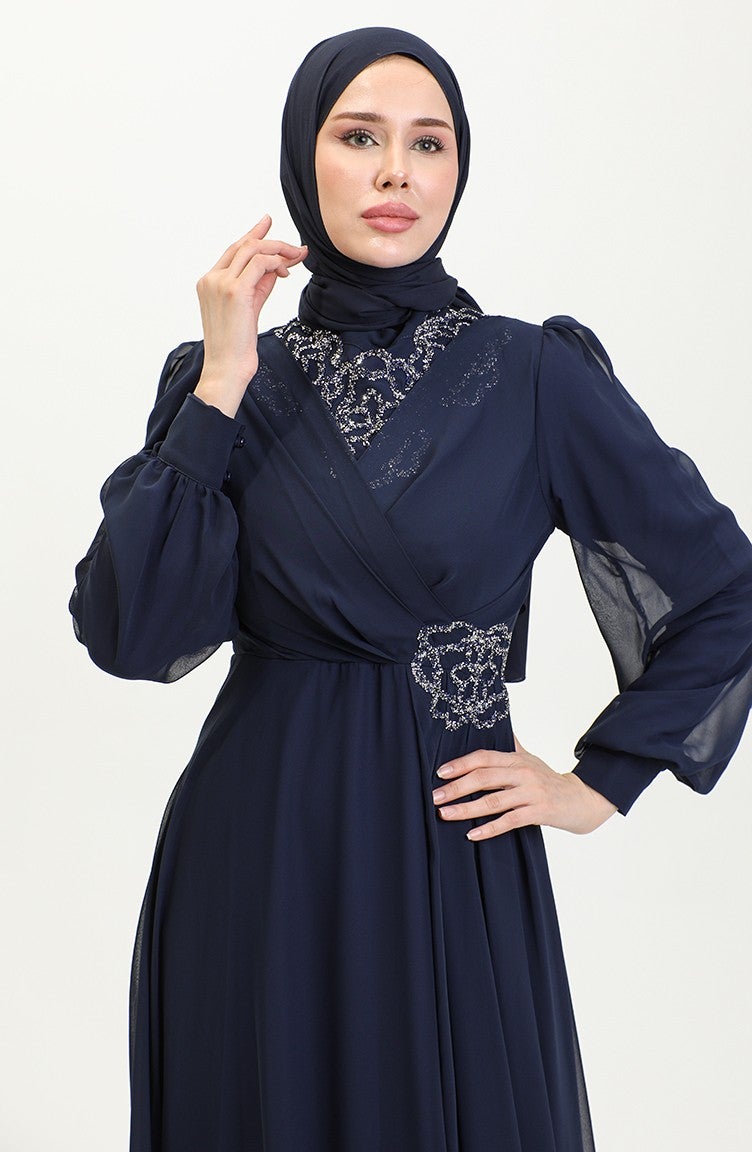Sefa Merve Stone Printed Evening Dress 52882-01 Navy Blue  - Image 5