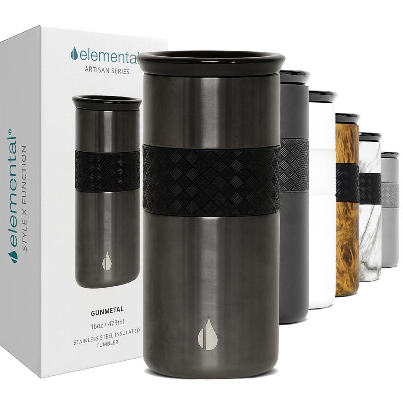 إليمنتال حرفي أولي معزول من القهوة الثلاثي الجدار القهوة سفر القدح قابلة لإعادة الاستخدام من الفولاذ المقاوم للصدأ القهوة بهلوان مع غطاء القهوة الحرارية لغطاء السيراميك للساخنة (6 ساعات) والباردة (18 ساعة) - Image 1