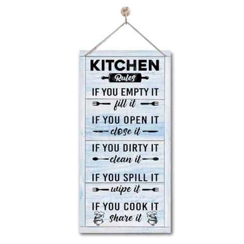 Gkwa Hanging Kitchen Rules Wood Decor Sign, Rustic Kitchen Wooden Signs, Printed Wood Wall Art Sign, Kitchen Door Rules Rustic Sign, Hanging Wood Sign Kitchen Decor, Funny Farmhouse Kitchen Wall Décor D1 - Image 1