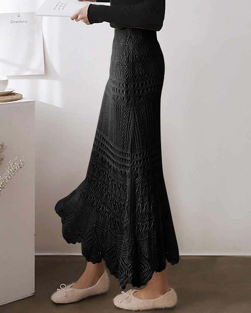 chouyatou Women's Stretched High Waist Crochet Hollow Out Knit Flowy Patterned Lace Maxi Skirt (Medium, Black) - Image 3
