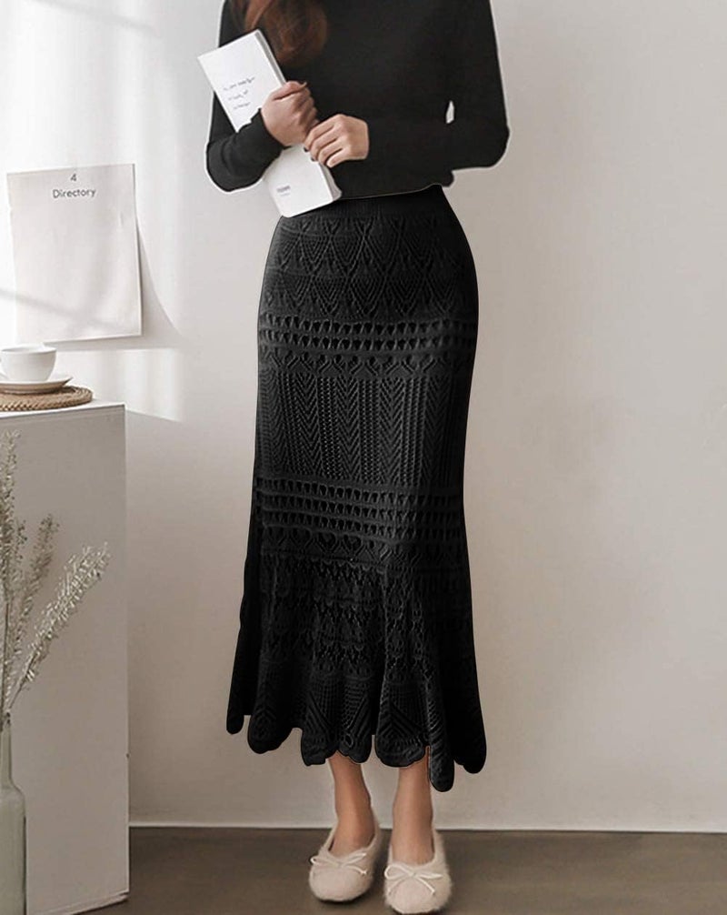 chouyatou Women's Stretched High Waist Crochet Hollow Out Knit Flowy Patterned Lace Maxi Skirt (Medium, Black) - Image 2