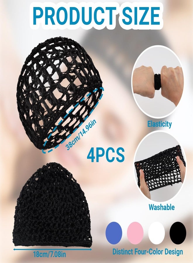 LUSTRIB 4 PCS Hair Nets for Sleeping, Crochet Hair Wrap Net with Lift Strap, Silk Press Sleep Mesh Cap for Women, Reusable Mesh Bonnet for Curly, Straight Hair & Wig Protection (Black, White, Blue, Pink) - Image 2