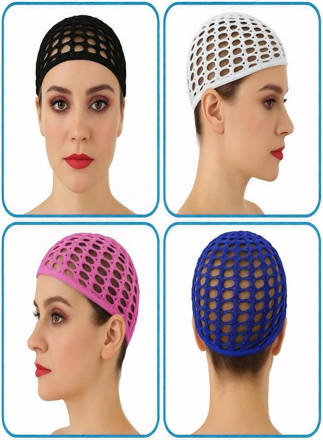 LUSTRIB 4 PCS Hair Nets for Sleeping, Crochet Hair Wrap Net with Lift Strap, Silk Press Sleep Mesh Cap for Women, Reusable Mesh Bonnet for Curly, Straight Hair & Wig Protection (Black, White, Blue, Pink) - Image 4
