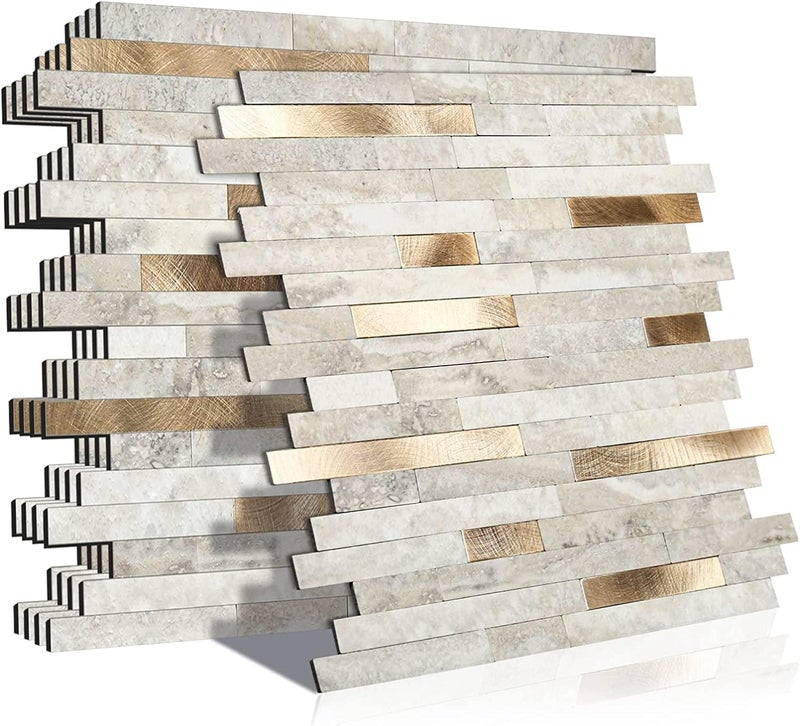 KASARO Peel and Stick Marble Tiles SelfAdhesive Aluminum Wall Tile Stick on Bathroom Fireplace RV Marble Beige with Vintage Golden Embellished Stripes 10Sheet