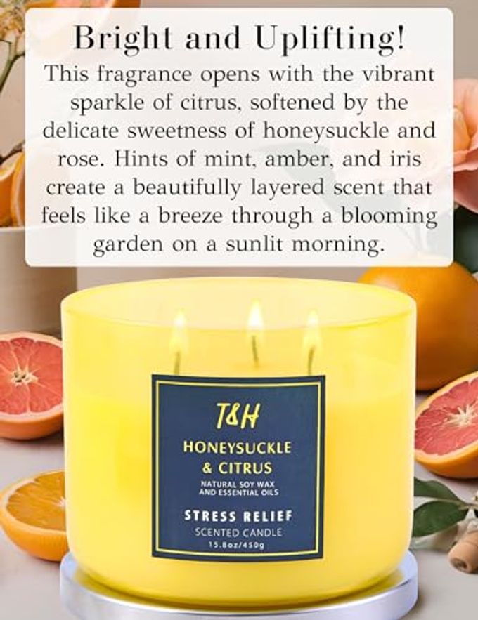 T H Honeysuckle Citrus Grapefruit 3-Wick Soy Candle, 15.8 oz | Aromatherapy Home Candle | Long-Lasting Clean Burn | Stress Relief Gift - Image 5