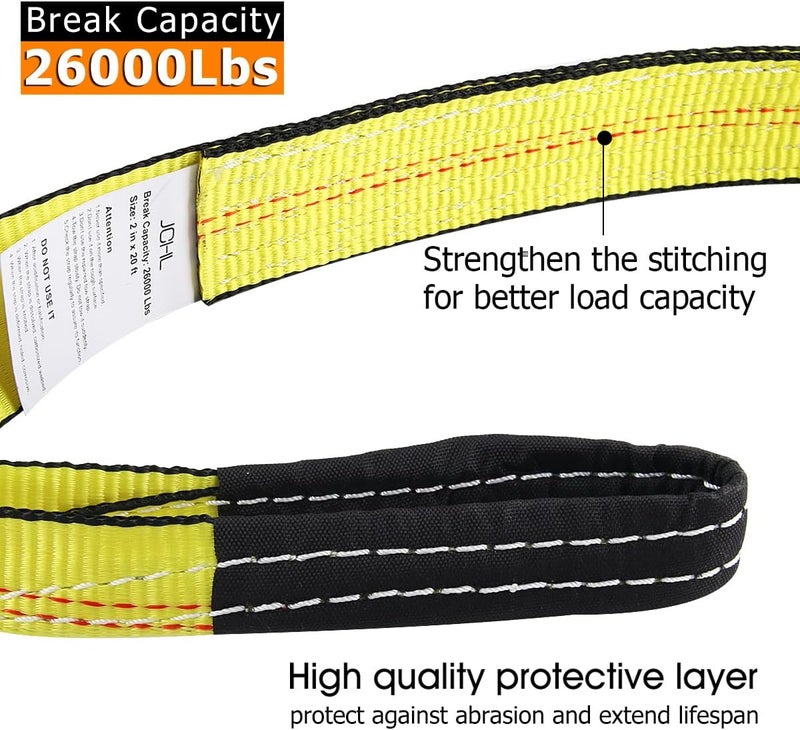 JCHL Recovery Tow Strap with Reinforced Loops 2inx20ft Heavy Duty 26,000lb Break Strength Vehicle Recovery Rope for for Car Truck Jeep ATV SUV Reinforced Loops, Protective Sleeves - Image 4
