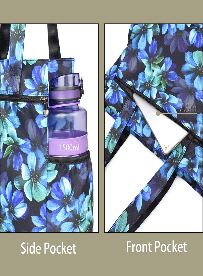 CLOUDMUSIC Shoulder Tote Bag For Women Fashion Multi-functional Bag Shopping Travel GYM Outdoors, Blue Flowers, Large - Image 4