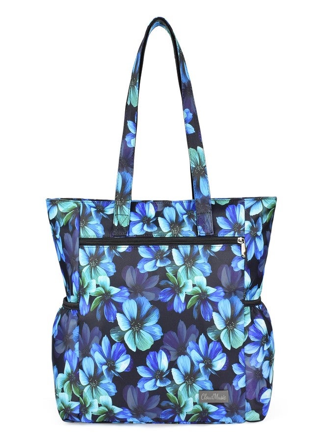 CLOUDMUSIC Shoulder Tote Bag For Women Fashion Multi-functional Bag Shopping Travel GYM Outdoors, Blue Flowers, Large - Image 1