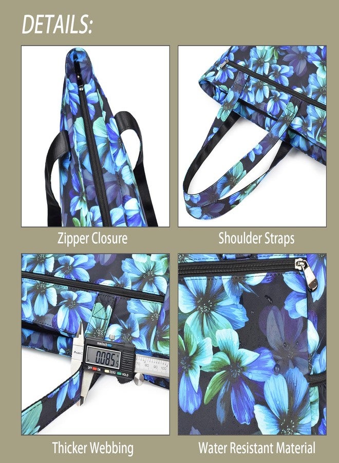 CLOUDMUSIC Shoulder Tote Bag For Women Fashion Multi-functional Bag Shopping Travel GYM Outdoors, Blue Flowers, Large - Image 3