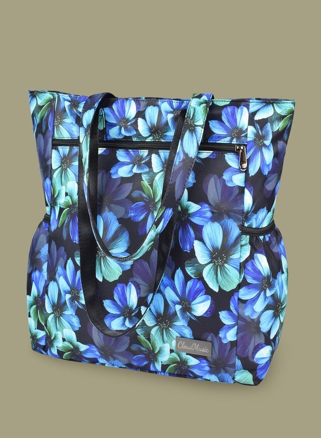 CLOUDMUSIC Shoulder Tote Bag For Women Fashion Multi-functional Bag Shopping Travel GYM Outdoors, Blue Flowers, Large - Image 2